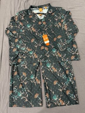 Adult Floral Button-Up Pajama Set - Dark Green-  XXL